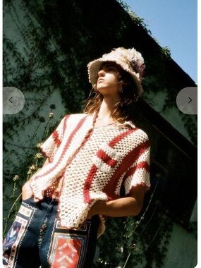 BODE Crochet Big Top Shirt Red Cream Stripe Knit Button Up S/M $525 Retail N